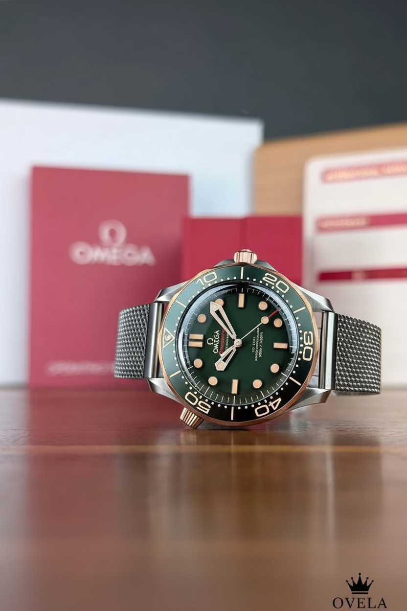 Montre Omega Seamaster verte avec logo OVELA dans une mise en scène lifestyle