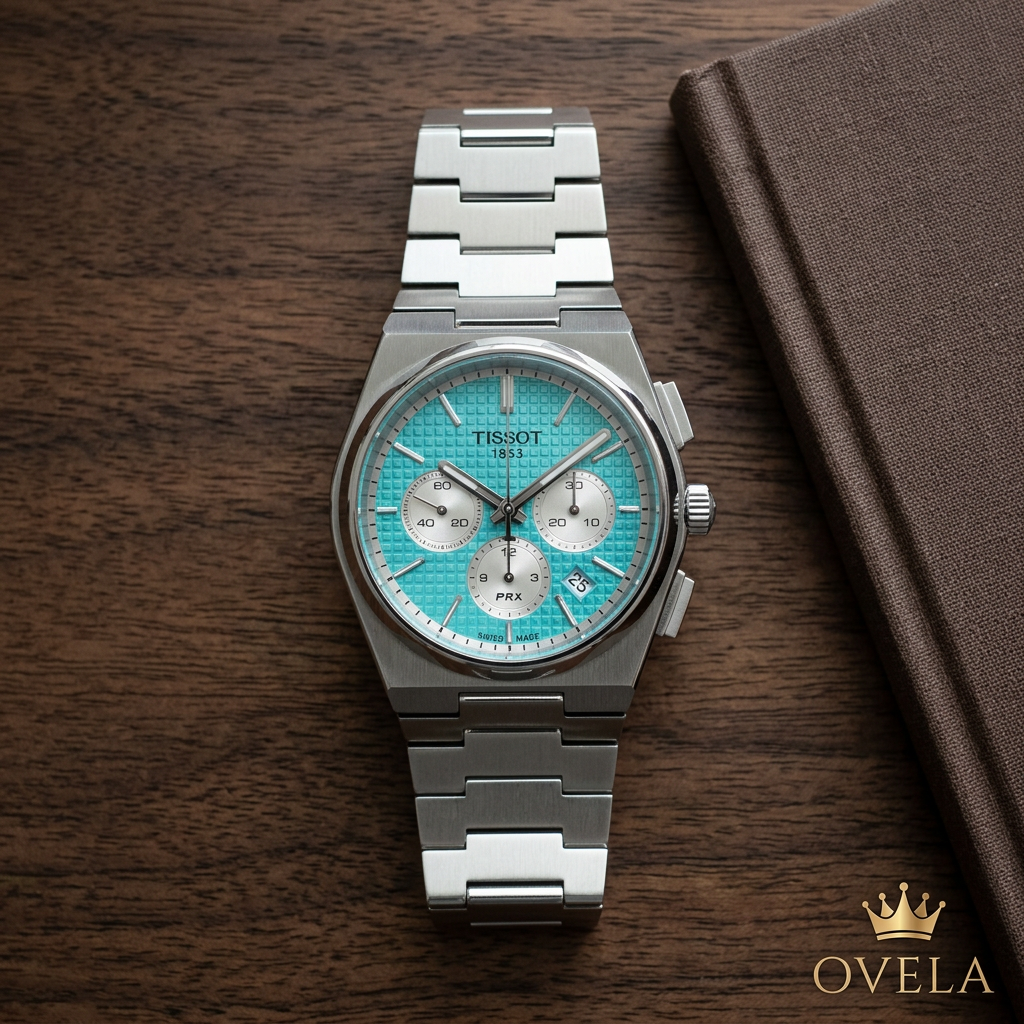 Montre turquoise sur bureau avec logo OVELA