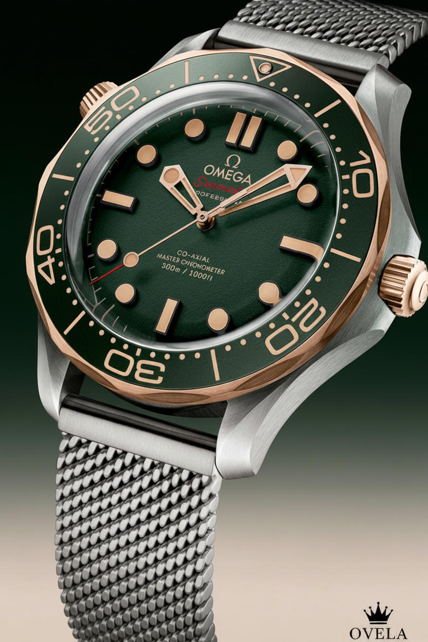 Montre Omega Seamaster verte avec logo OVELA, vue rapprochée