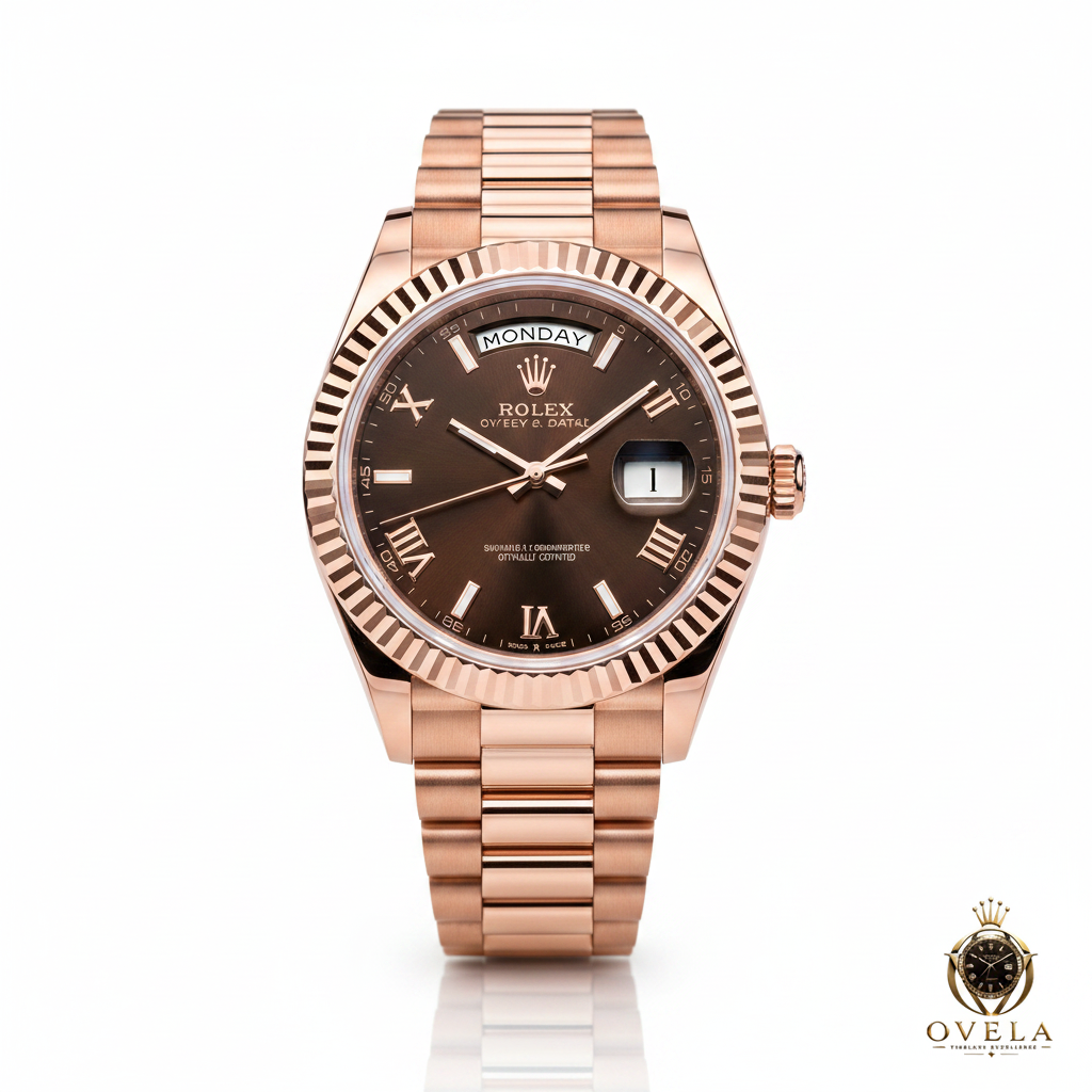 Rolex Day-Date Chocolat - Fond blanc avec logo OVELA