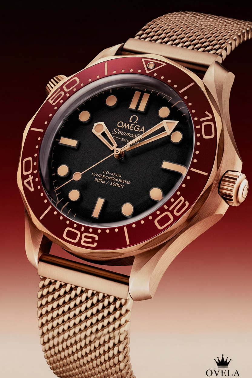Montre Omega Seamaster bordeaux avec logo OVELA en vue studio