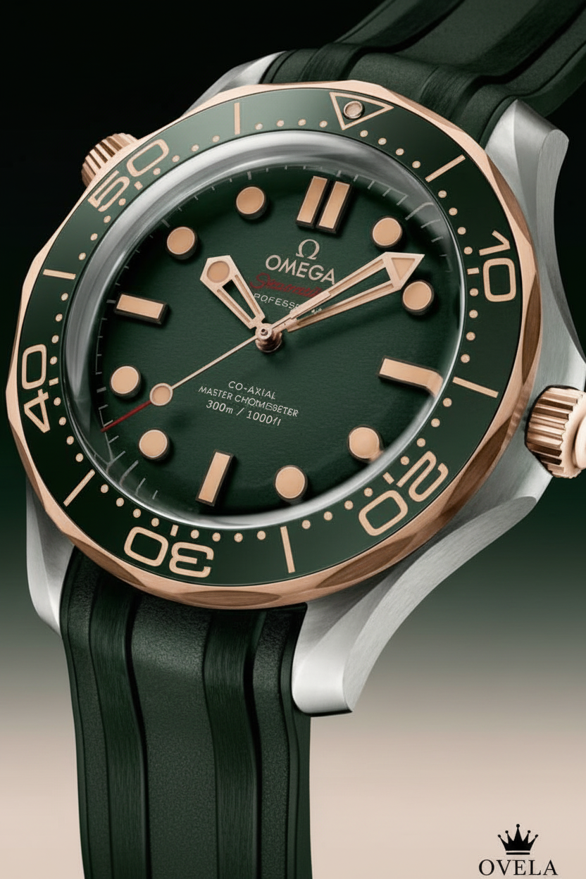 Montre Omega Seamaster verte avec logo OVELA, posée sur un coussin