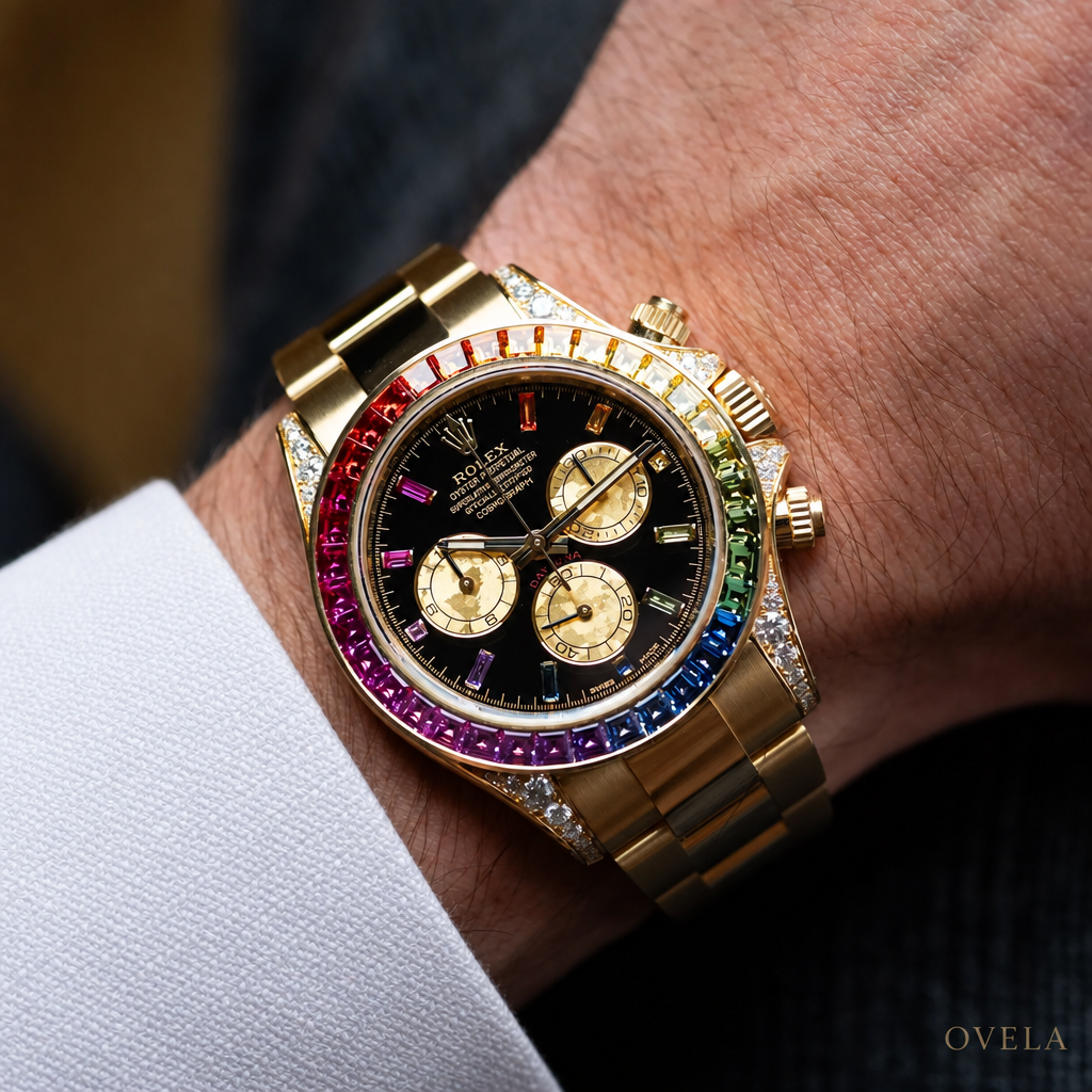 Rolex Daytona Rainbow Or Jaune sur poignet chemise blanche