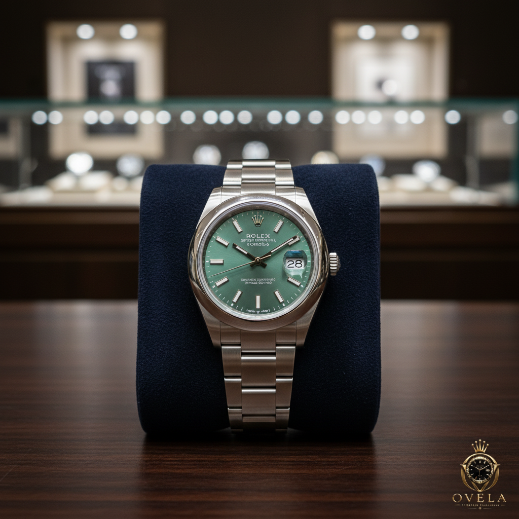 Rolex Oyster Perpetual Vert Pistache - Coussin velours avec logo OVELA