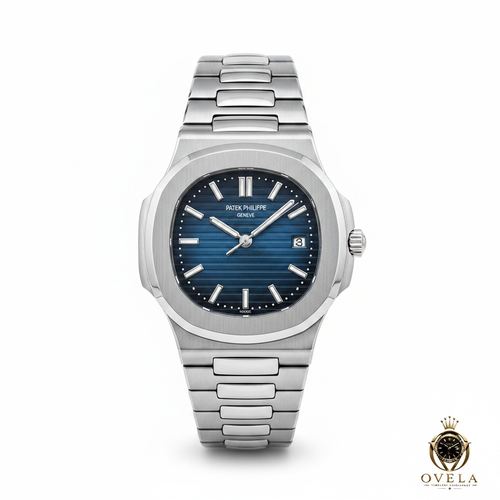 Patek Philippe Nautilus Full Acier Bleu - Fond blanc avec logo OVELA