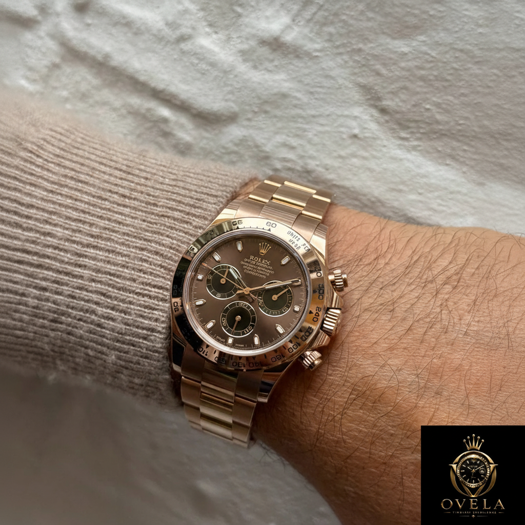 Rolex Daytona Choco Or Rose - Poignet mur blanc avec logo OVELA