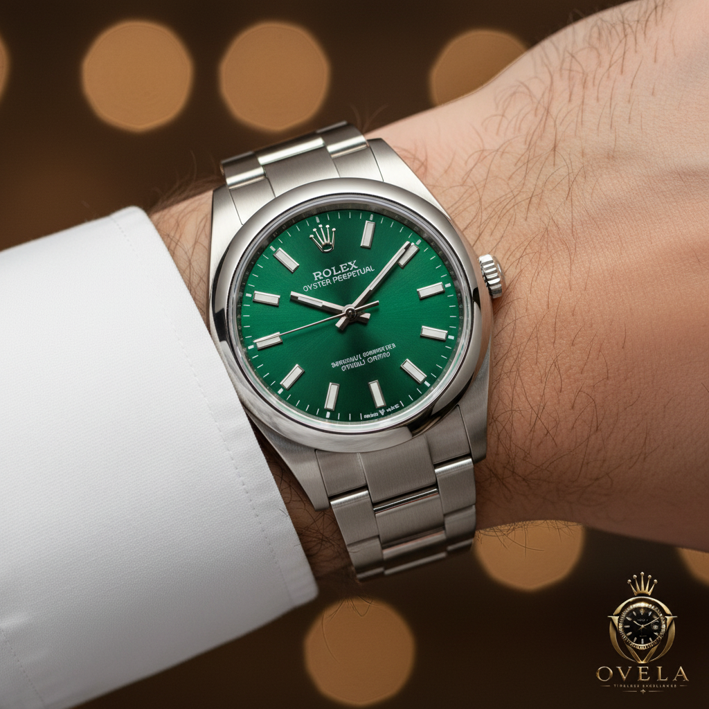 Rolex Oyster Perpetual Vert - Poignet chemise blanche avec logo OVELA