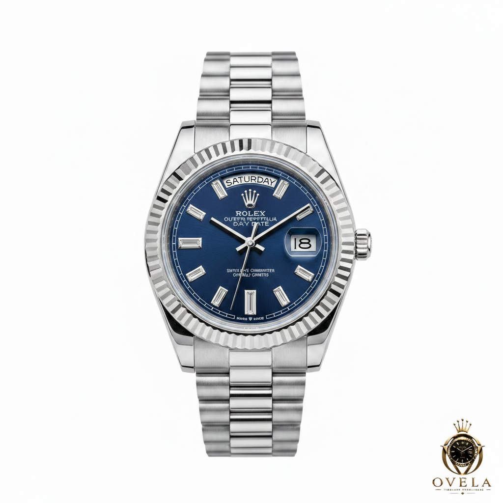 Rolex Day-Date - Fond blanc avec logo OVELA