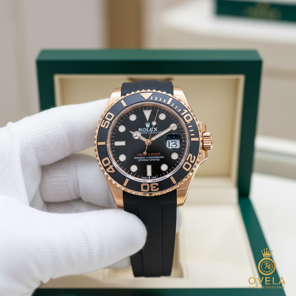 Rolex Yacht-Master Or Rose - Main gants blancs avec logo OVELA