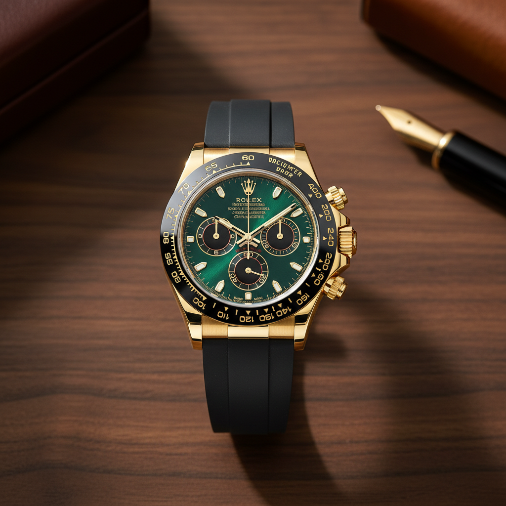 Rolex Daytona or jaune cadran vert flat lay bois