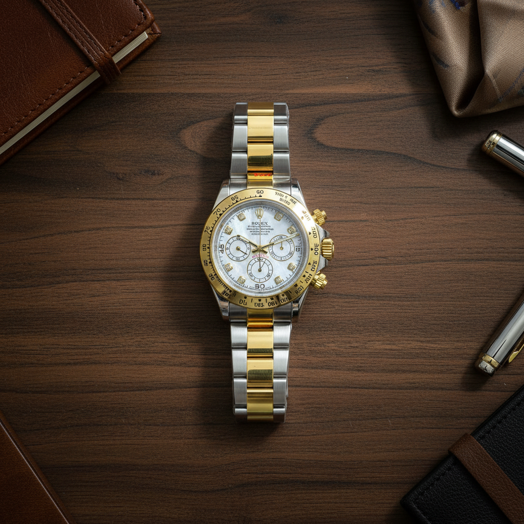 Rolex Daytona nacre flat lay bois