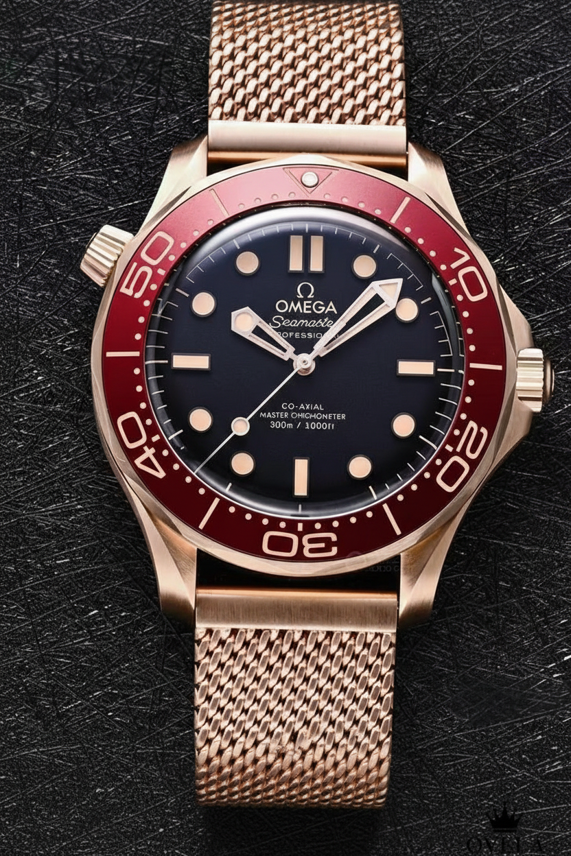 Montre Omega Seamaster bordeaux avec logo OVELA, vue rapprochée