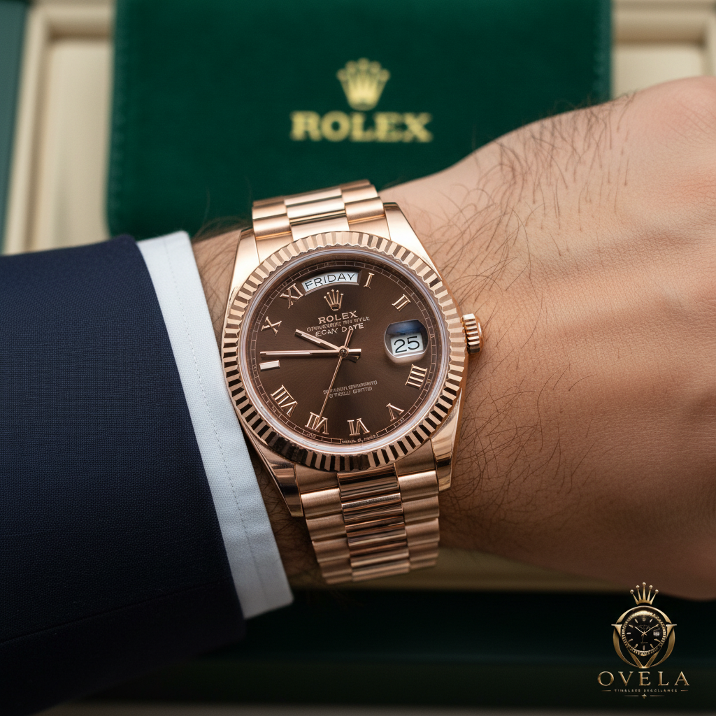 Rolex Day-Date Chocolat - Poignet costume avec logo OVELA
