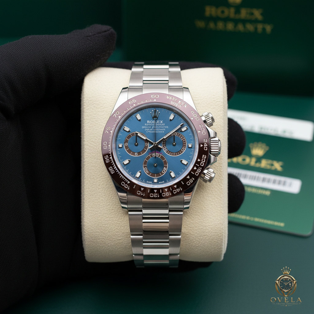 Rolex Daytona Platine - Main gants noirs avec logo OVELA