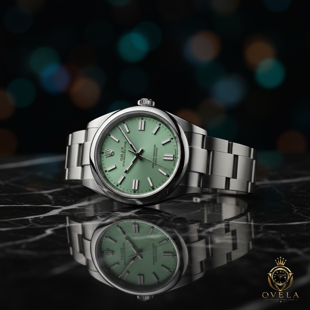 Rolex Oyster Perpetual Vert Pistache - Marbre noir avec logo OVELA