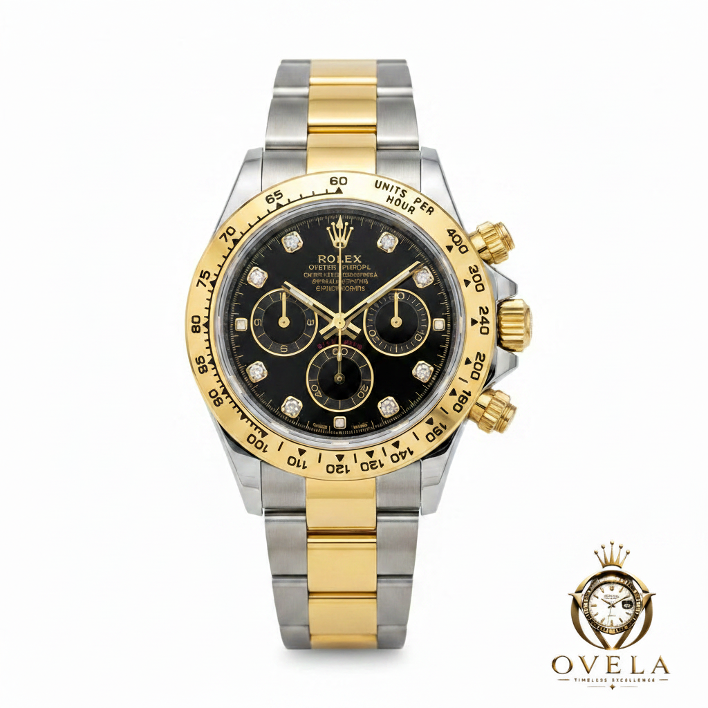 Rolex Daytona Bicolore Noir Diamants - Fond blanc avec logo OVELA