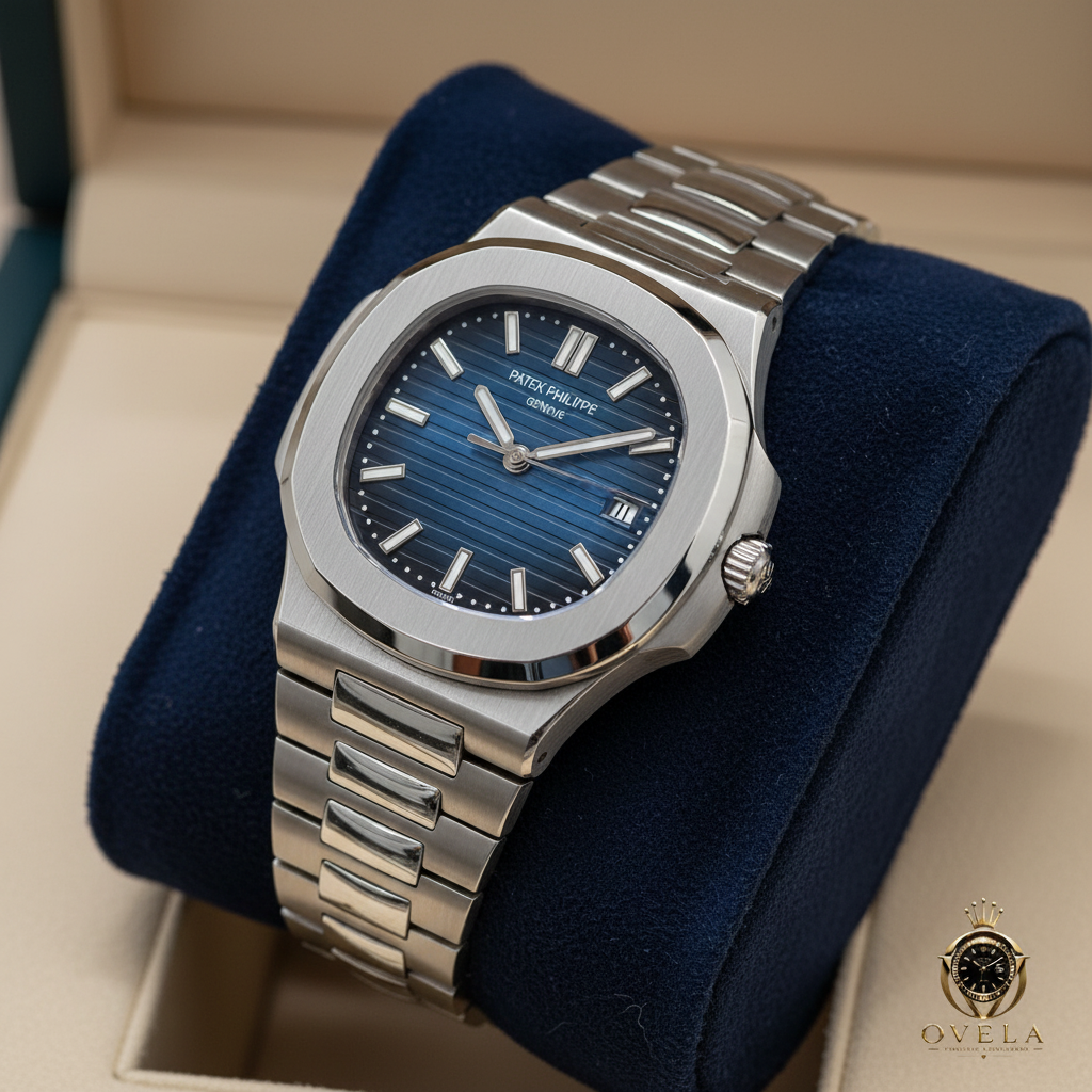 Patek Philippe Nautilus Full Acier Bleu - Coussin velours avec logo OVELA