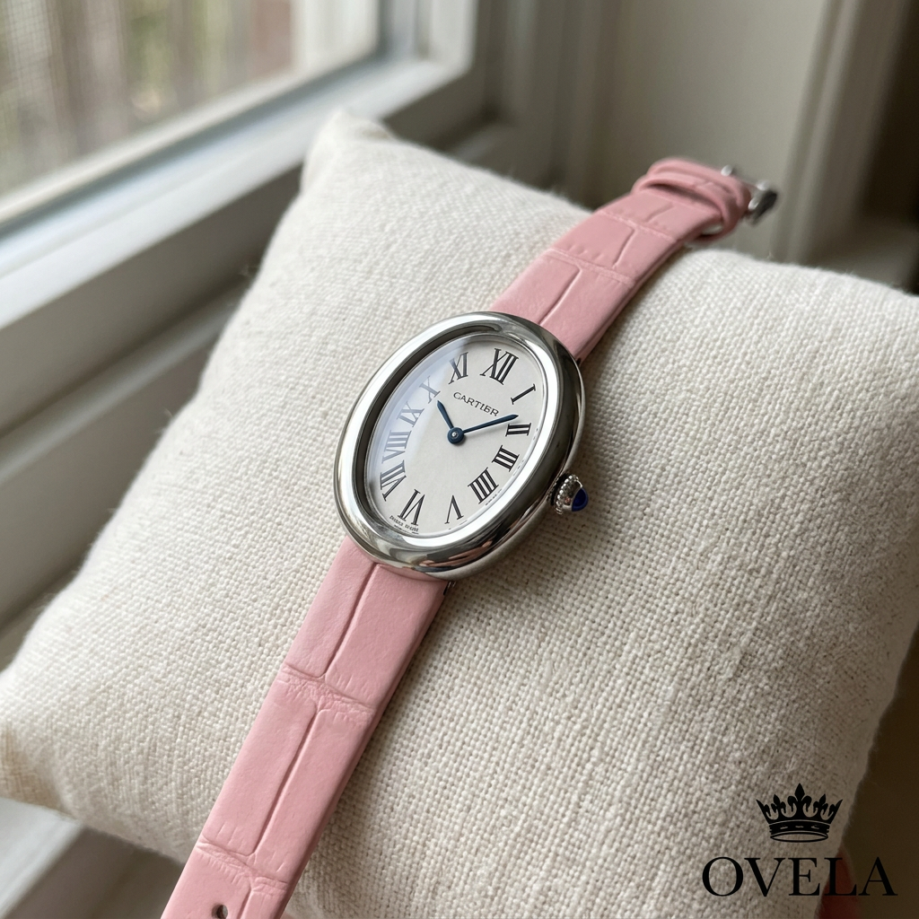 Montre à bracelet rose sur coussin en lin